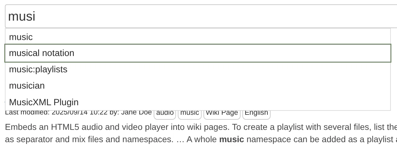 Autocompletion suggestions while typing “musi”