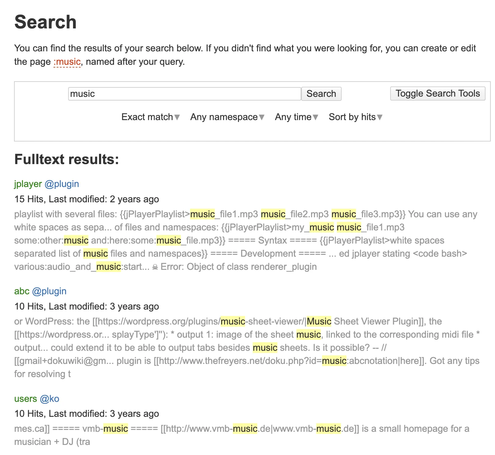 DokuWiki’s builtin fulltext search showing raw page syntax in the result snippets
