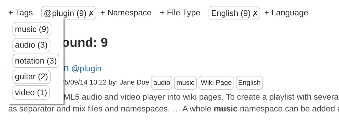 Search results narrowed down by tag and language, with the tag filter expanded