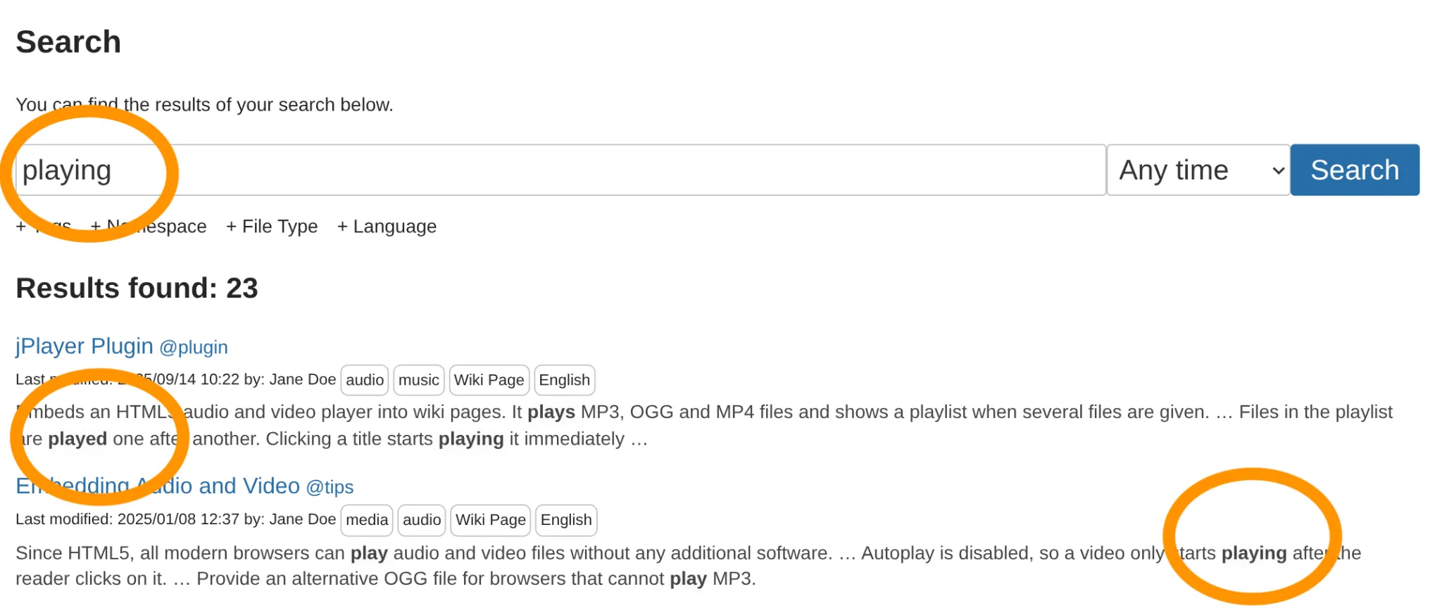 A search for “playing” also finds “plays”, “played” and “play”